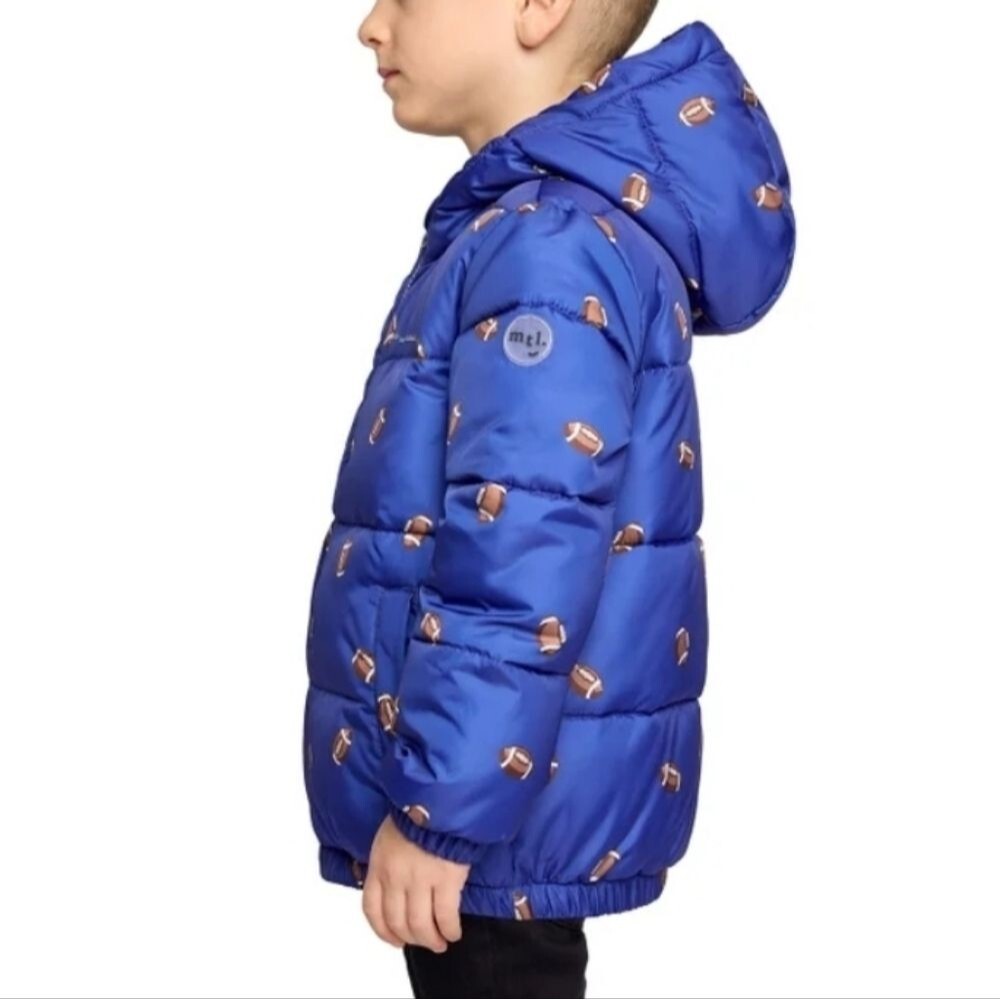 Miles The Label Boys Hooded Puffer Jacket Football Print Blue Size 4T - Picture 3 of 14